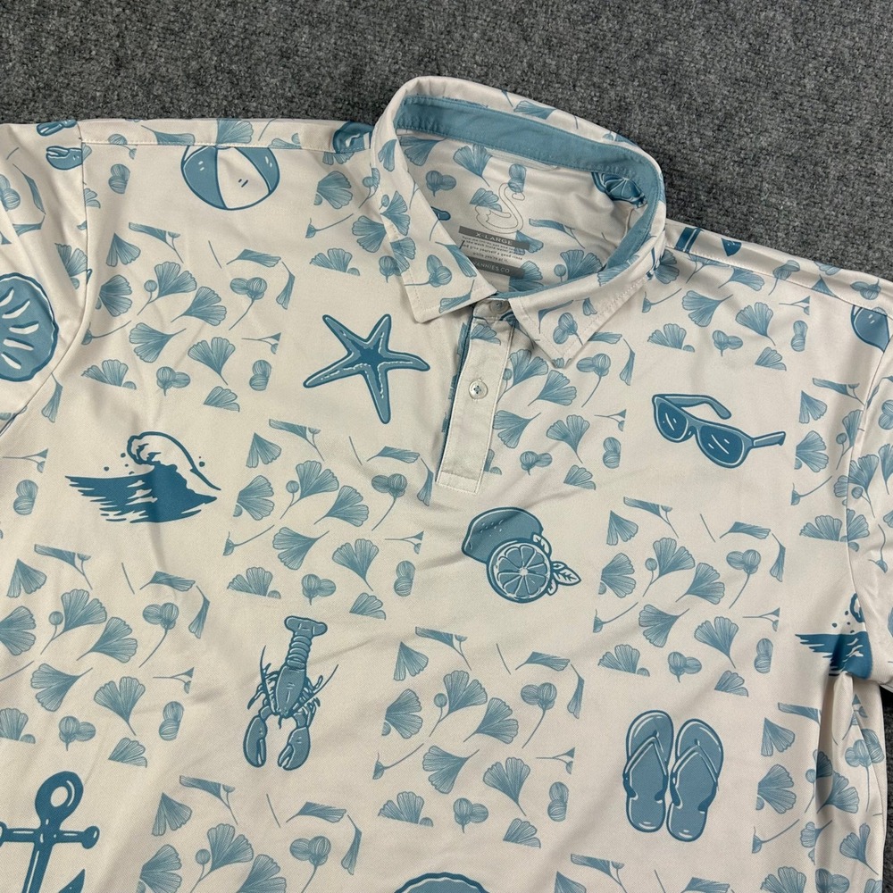 Swannies Golf Polo Mens XL White Blue Nautical Beach Print Performance Shirt